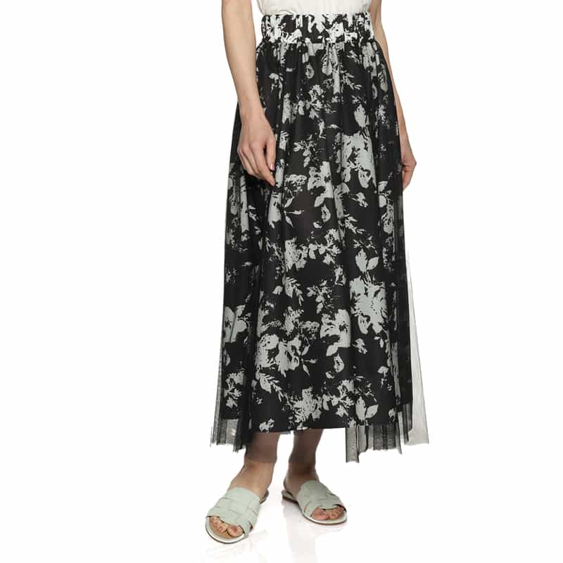 BARNEYS NEW YORK ウォッシャブル チュール付き フラワープリントスカート BLACK