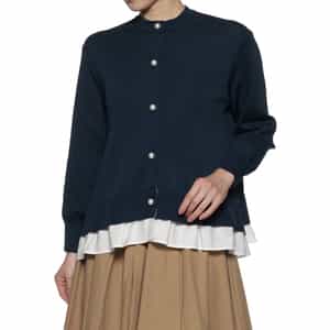 ウォッシャブル フリルヘム パールボタン付きニットカーディガン