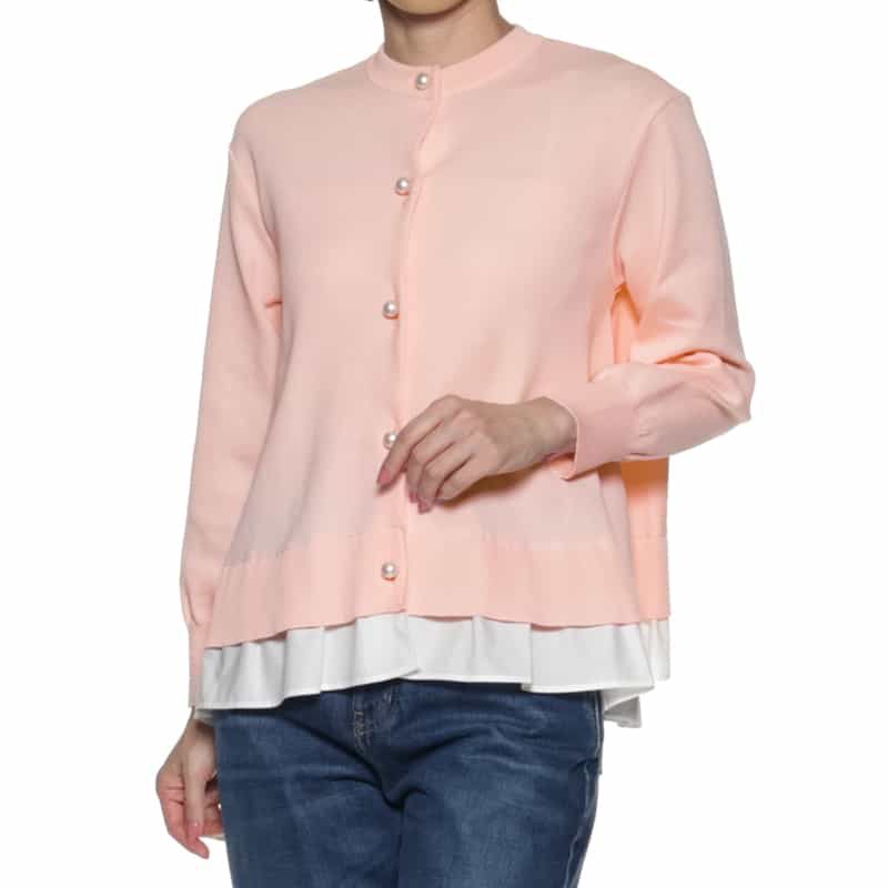 BARNEYS NEW YORK ウォッシャブル フリルヘム パールボタン付きニットカーディガン LIGHT PINK