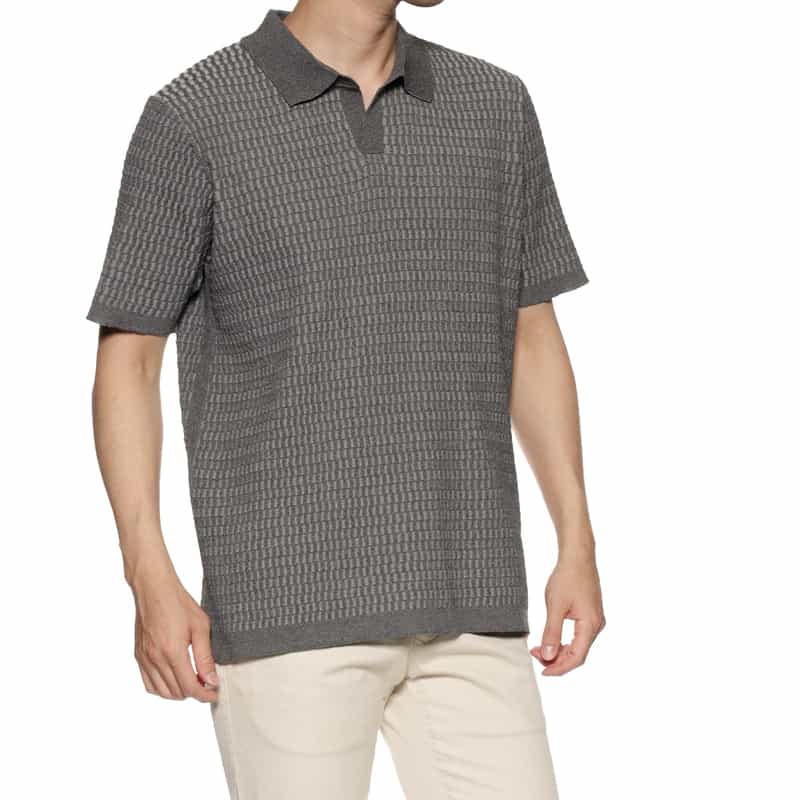 BARNEYS NEW YORK ブリスター編みニット スキッパーポロシャツ GRAY