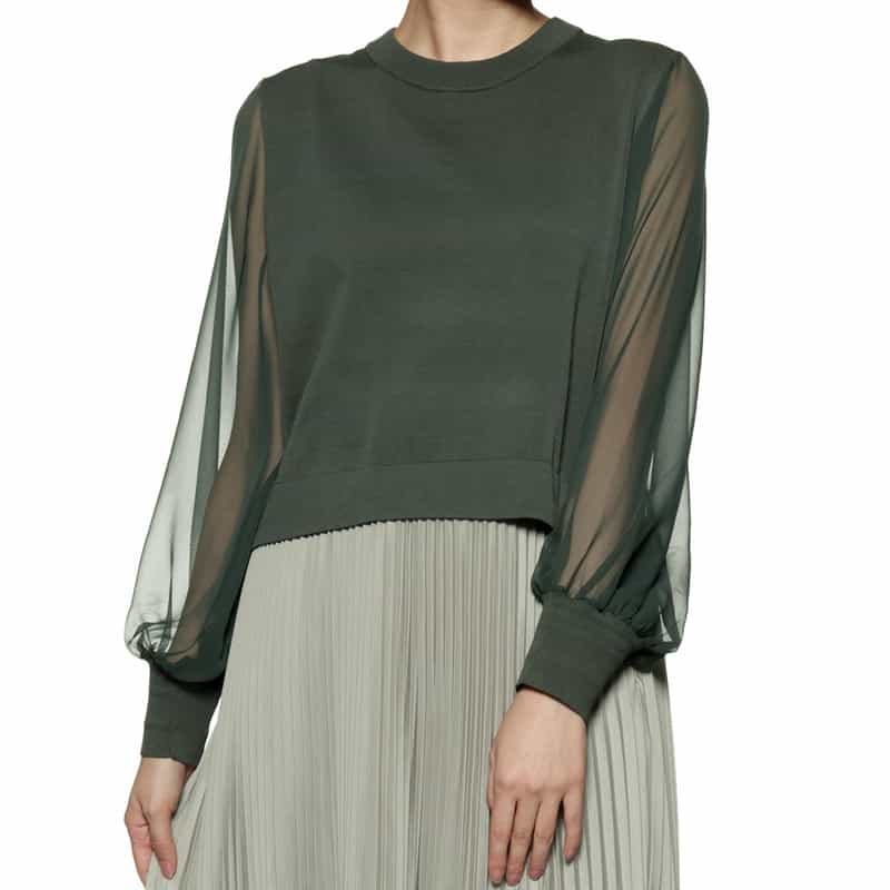 HYKE シアースリーブ クロップド丈ニットプルオーバー KHAKI