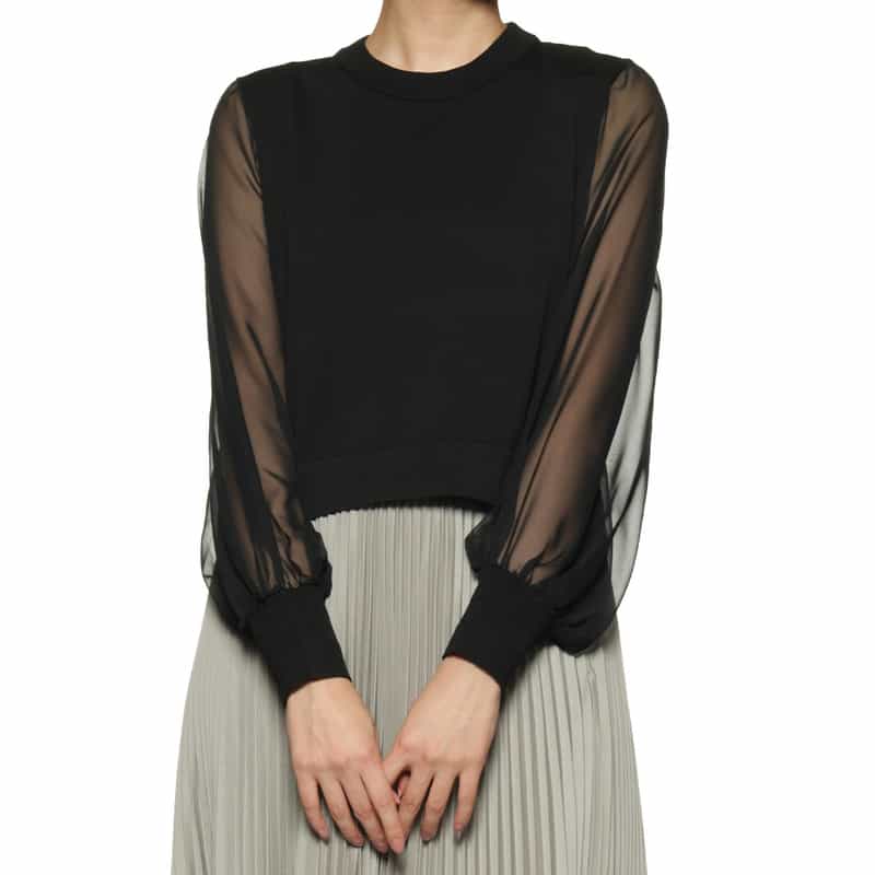 HYKE シアースリーブ クロップド丈ニットプルオーバー BLACK