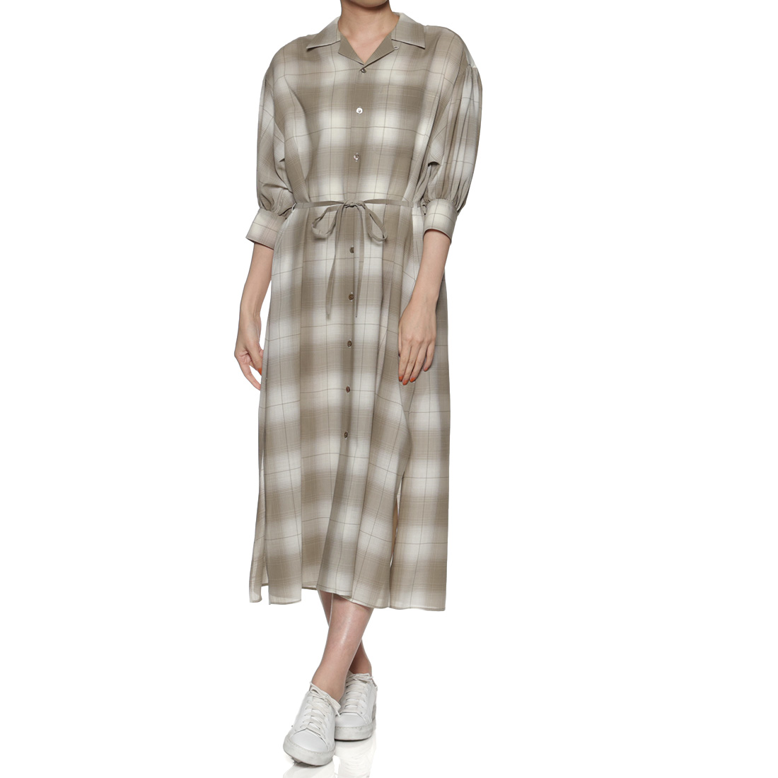 チェック柄バルーンスリーブ ベルテッドリボンドレス