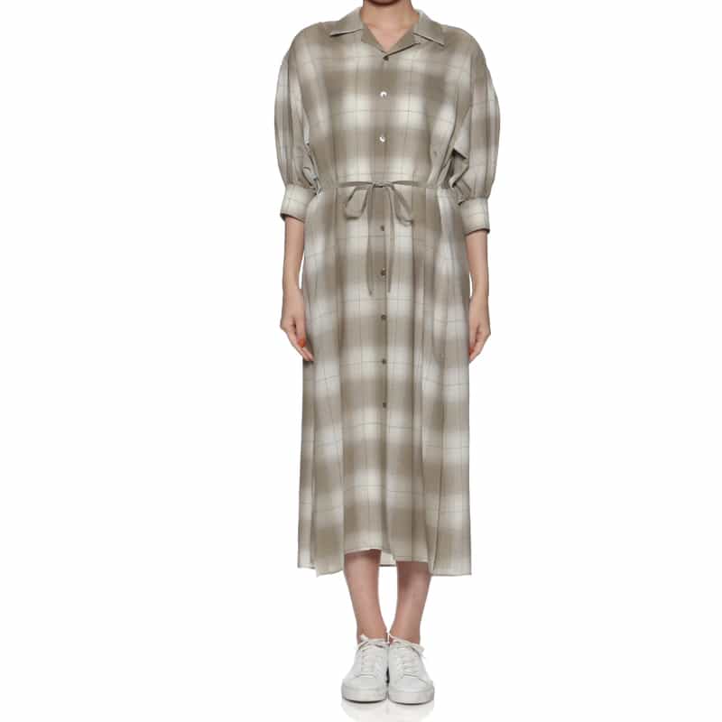 HYKE チェック柄バルーンスリーブ ベルテッドリボンドレス BEIGE