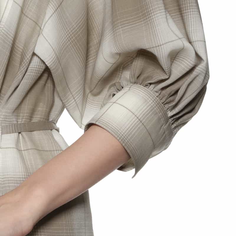 HYKE チェック柄バルーンスリーブ ベルテッドリボンドレス BEIGE