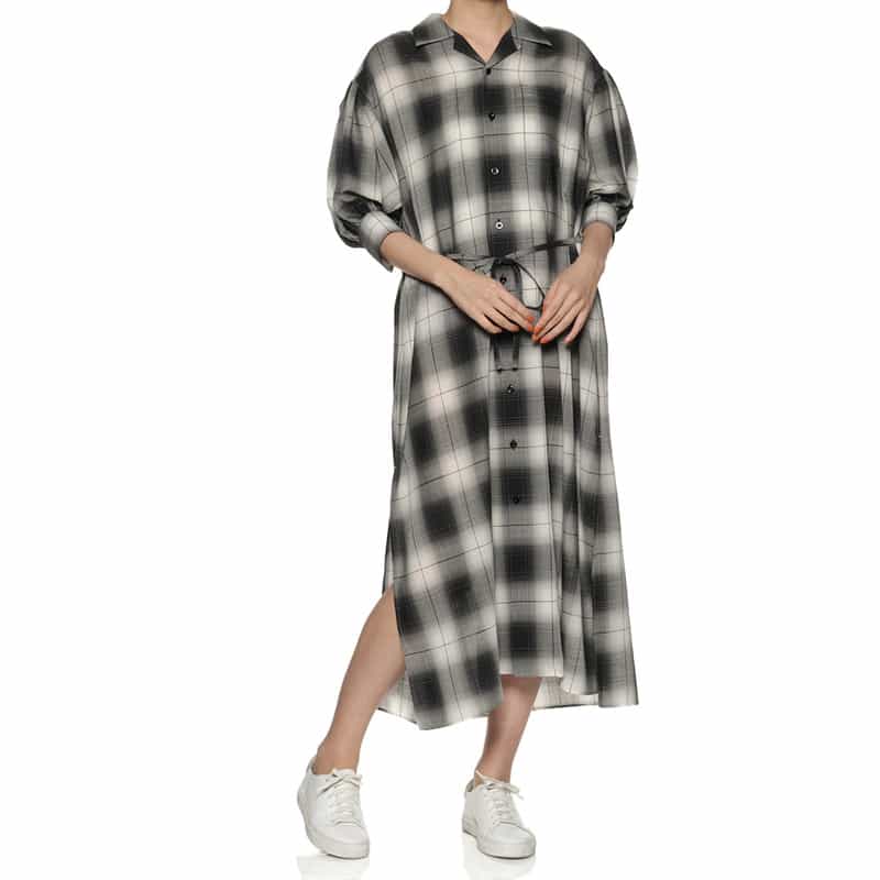HYKE チェック柄バルーンスリーブ ベルテッドリボンドレス BLACK