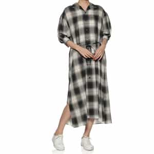 チェック柄バルーンスリーブ ベルテッドリボンドレス