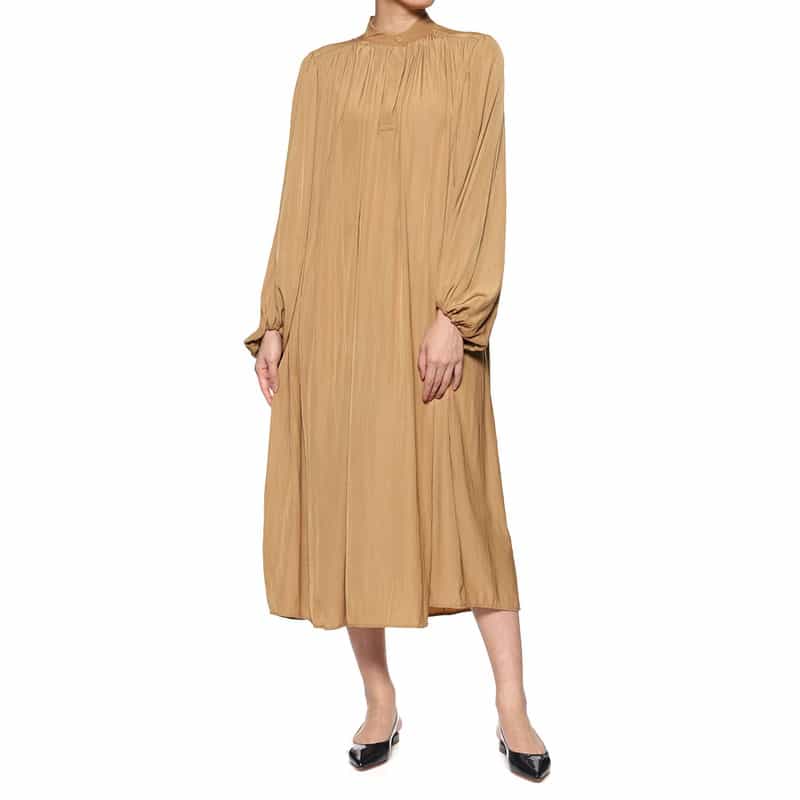 BARNEYS NEW YORK ウォッシャブル ベルト付きギャザードレス CAMEL