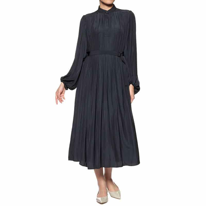 BARNEYS NEW YORK ウォッシャブル ベルト付きギャザードレス NAVY