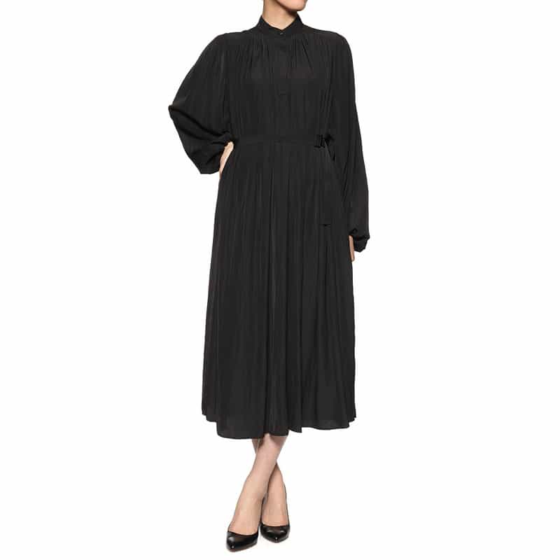 BARNEYS NEW YORK ウォッシャブル ベルト付きギャザードレス BLACK