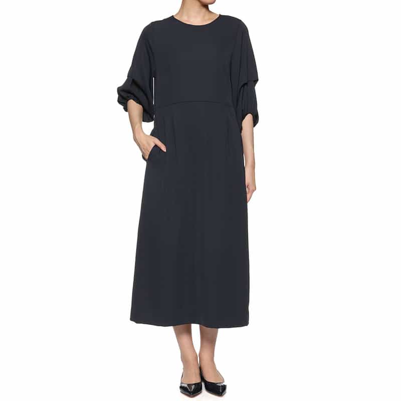 BARNEYS NEW YORK ウォッシャブル デザインスリーブ ウエストタック ドレス NAVY