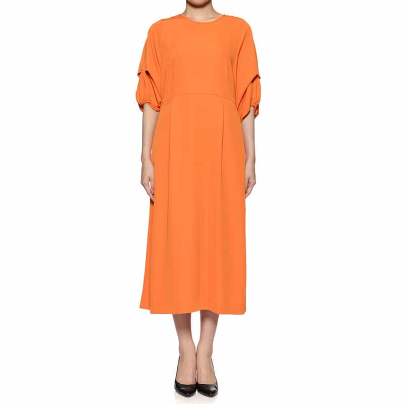 BARNEYS NEW YORK ウォッシャブル デザインスリーブ ウエストタック ドレス ORANGE