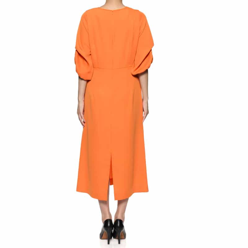 BARNEYS NEW YORK ウォッシャブル デザインスリーブ ウエストタック ドレス ORANGE