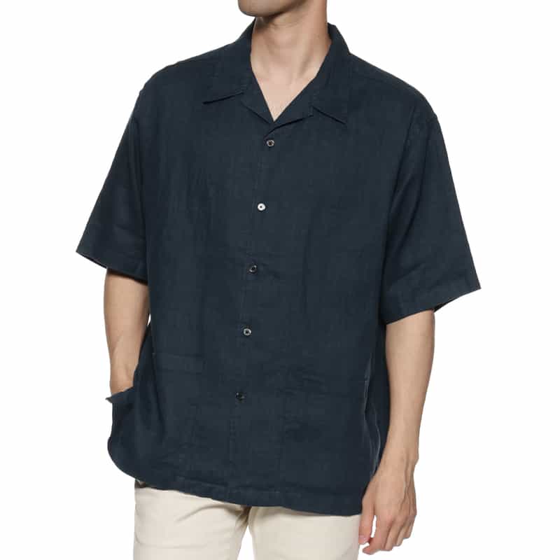 BARNEYS NEW YORK リネン素材ハーフスリーブ オープンカラーシャツ NAVY