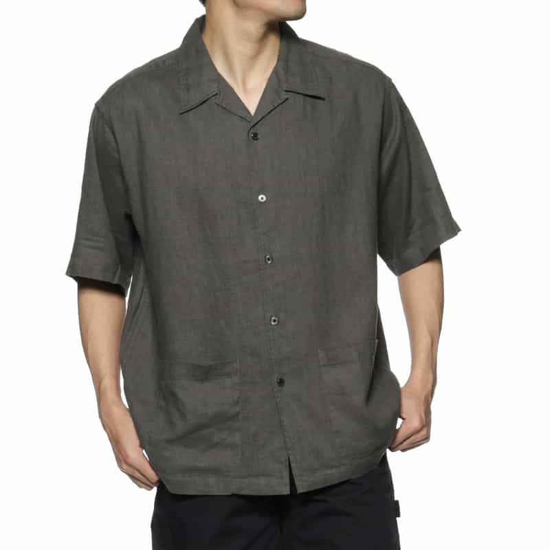 BARNEYS NEW YORK リネン素材ハーフスリーブ オープンカラーシャツ DARK GRAY