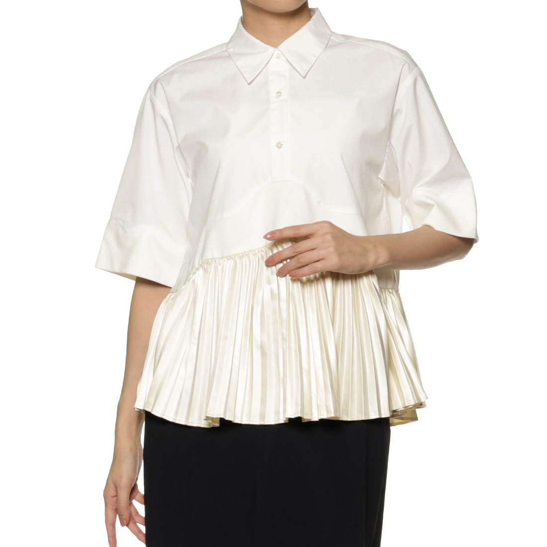 コンビネーション フェイクレザープリーツヘム ブラウス