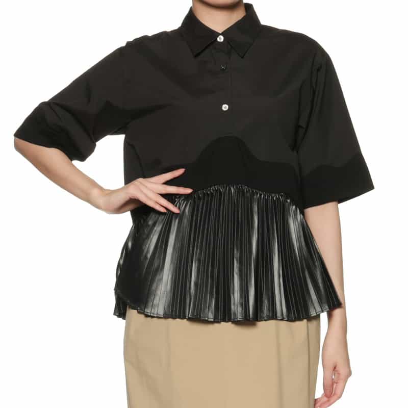 BARNEYS NEW YORK コンビネーション フェイクレザープリーツヘム ブラウス BLACK