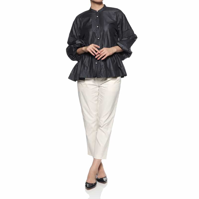 BARNEYS NEW YORK ウォッシャブル ギャザーブラウス NAVY