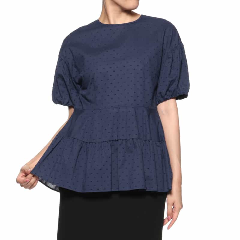 BARNEYS NEW YORK ウォッシャブル パールボタン付きドットジャカード素材ペプラムブラウス NAVY