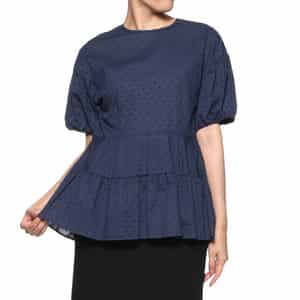 ウォッシャブル パールボタン付きドットジャカード素材ペプラムブラウス