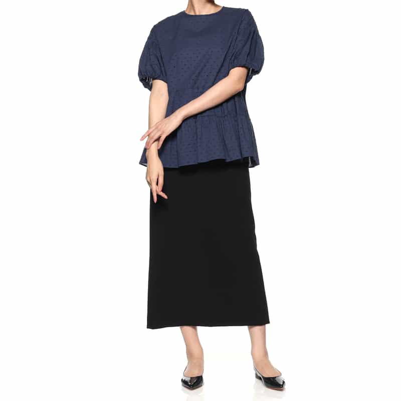 BARNEYS NEW YORK ウォッシャブル パールボタン付きドットジャカード素材ペプラムブラウス NAVY