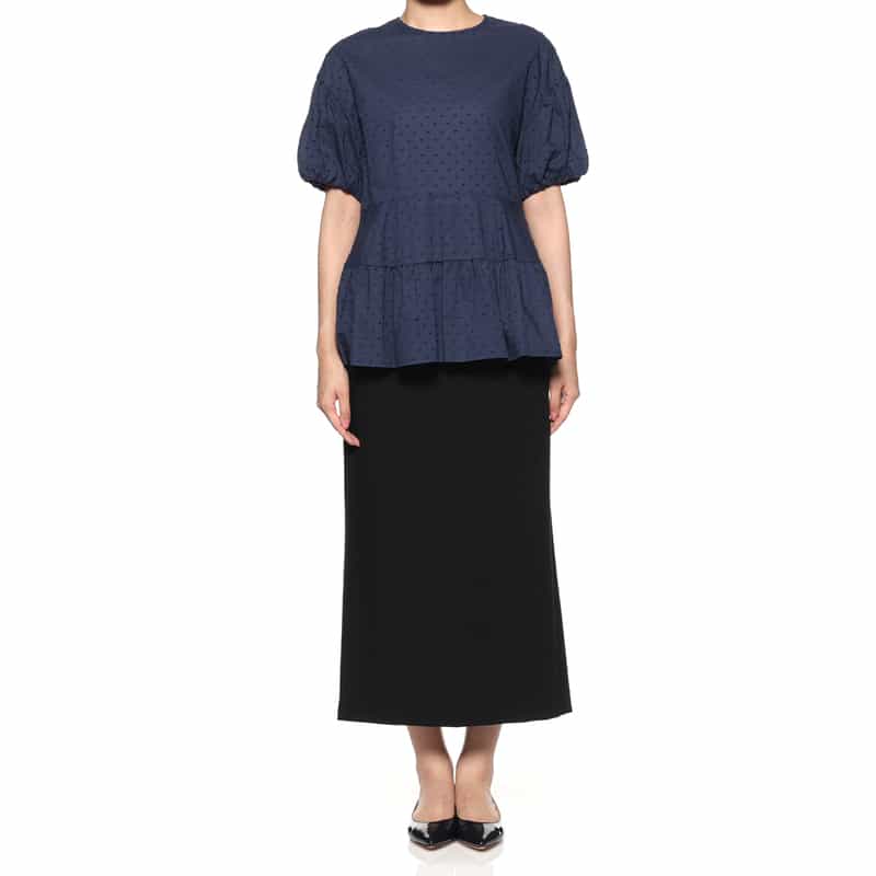 BARNEYS NEW YORK ウォッシャブル パールボタン付きドットジャカード素材ペプラムブラウス NAVY