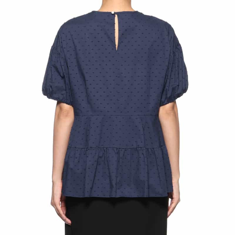BARNEYS NEW YORK ウォッシャブル パールボタン付きドットジャカード素材ペプラムブラウス NAVY