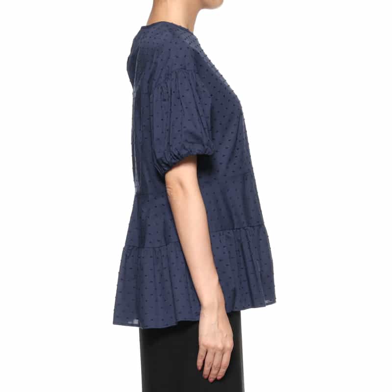 BARNEYS NEW YORK ウォッシャブル パールボタン付きドットジャカード素材ペプラムブラウス NAVY