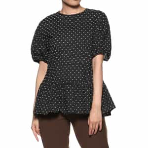 ウォッシャブル パールボタン付きドットジャカード素材ペプラムブラウス