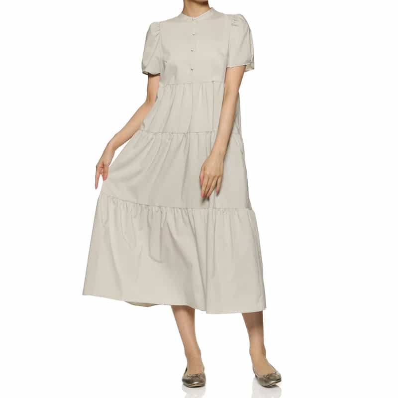 BARNEYS NEW YORK ウォッシャブル パールボタン ティアードドレス BEIGE