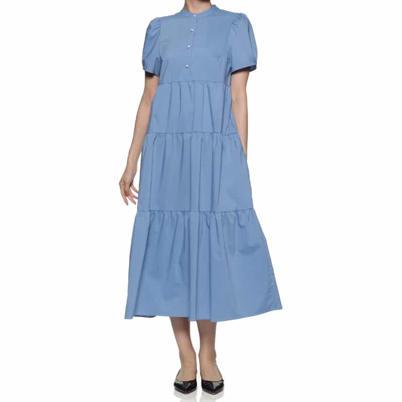 BARNEYS NEW YORK ウォッシャブル パールボタン ティアードドレス BLUE