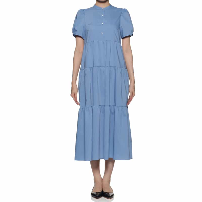 BARNEYS NEW YORK ウォッシャブル パールボタン ティアードドレス BLUE