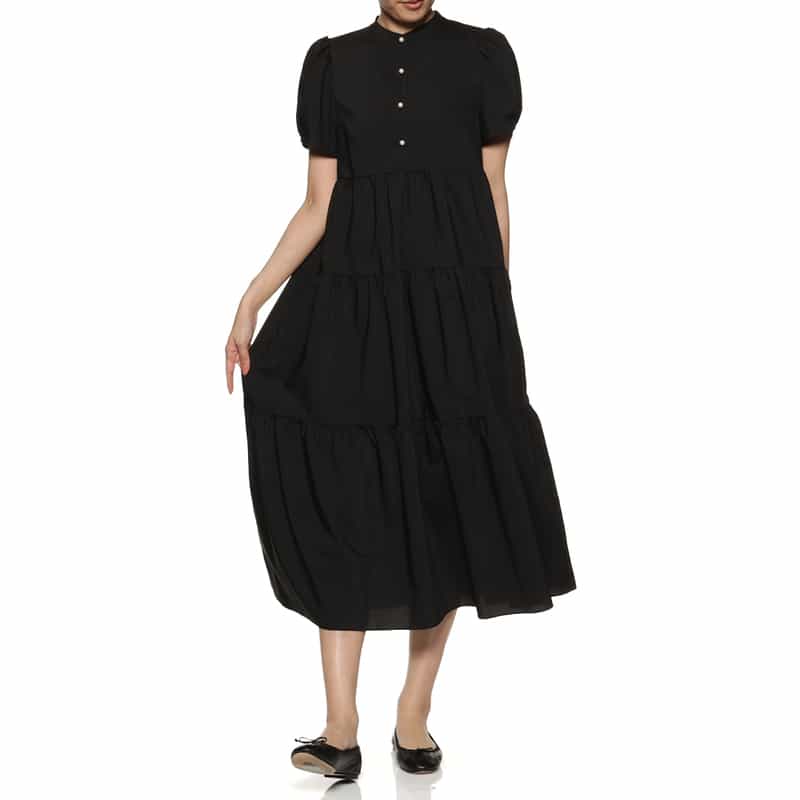 BARNEYS NEW YORK ウォッシャブル パールボタン ティアードドレス BLACK
