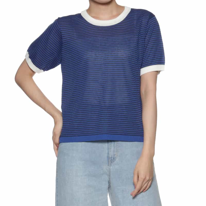 BARNEYS NEW YORK ハーフスリーブ ボーダー柄ニットプルオーバー BLUE