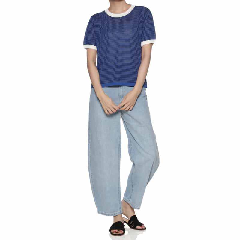 BARNEYS NEW YORK ハーフスリーブ ボーダー柄ニットプルオーバー BLUE