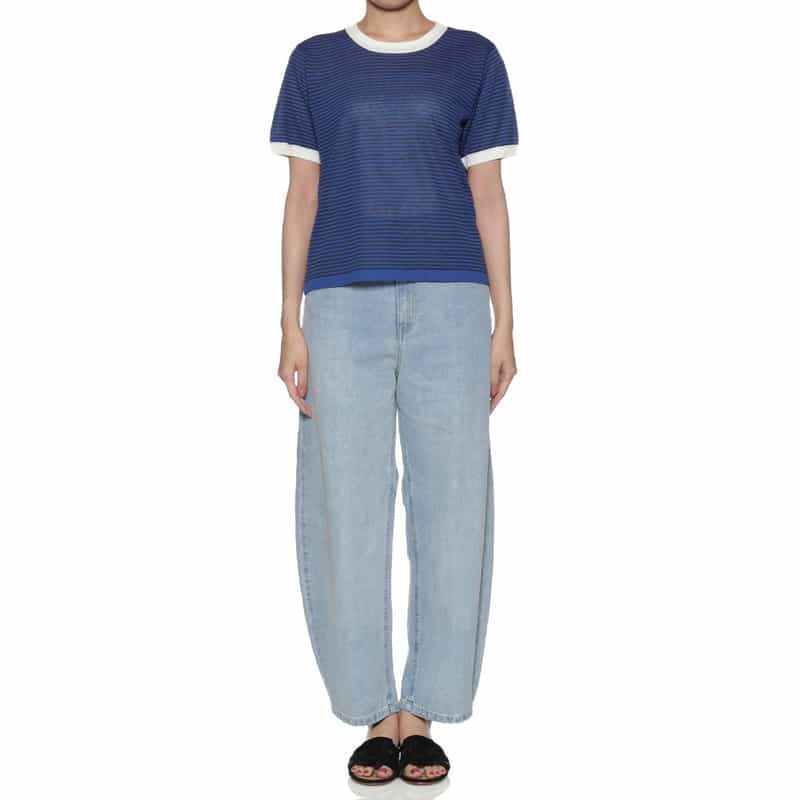 BARNEYS NEW YORK ハーフスリーブ ボーダー柄ニットプルオーバー BLUE