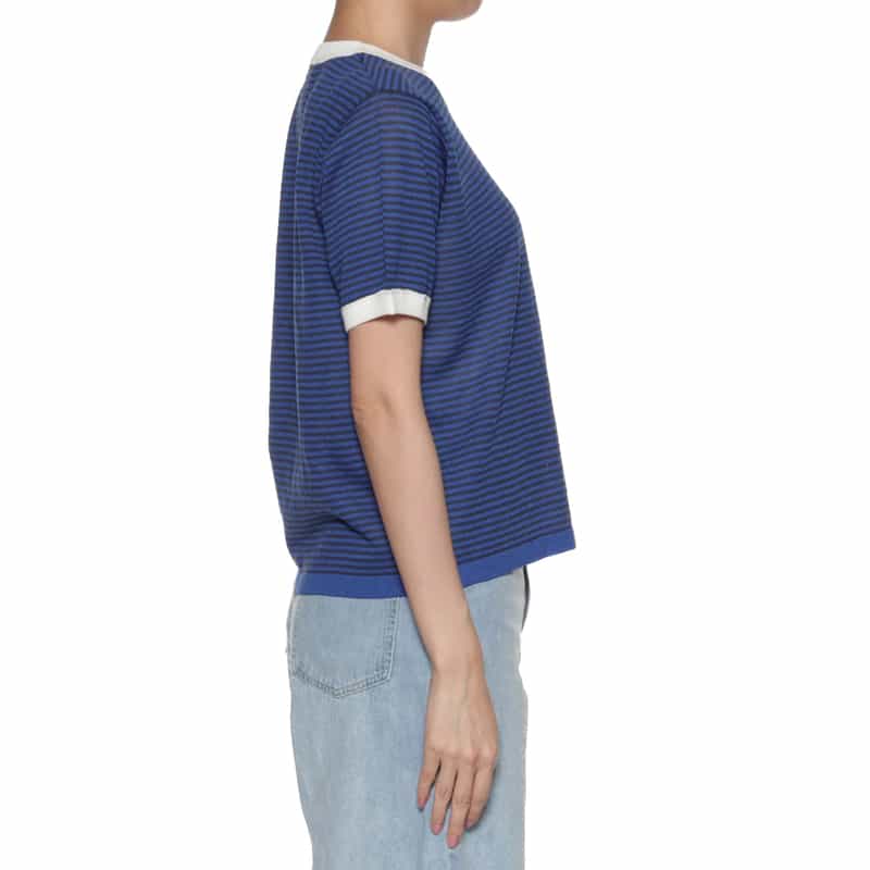 BARNEYS NEW YORK ハーフスリーブ ボーダー柄ニットプルオーバー BLUE