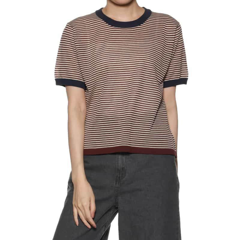 BARNEYS NEW YORK ハーフスリーブ ボーダー柄ニットプルオーバー WINE