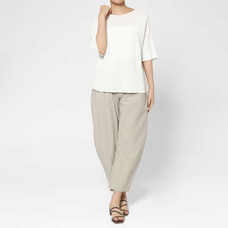 BARNEYS NEW YORK コットン素材 ハーフスリーブ ボートネックニットプルオーバー WHITE