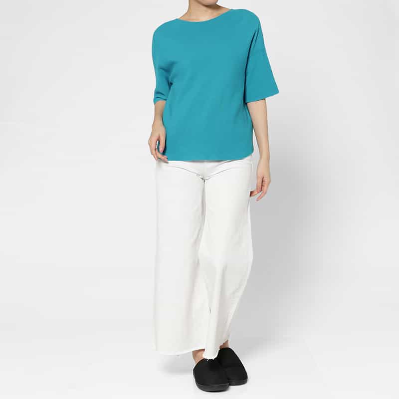 BARNEYS NEW YORK コットン素材 ハーフスリーブ ボートネックニットプルオーバー TURQUOISE