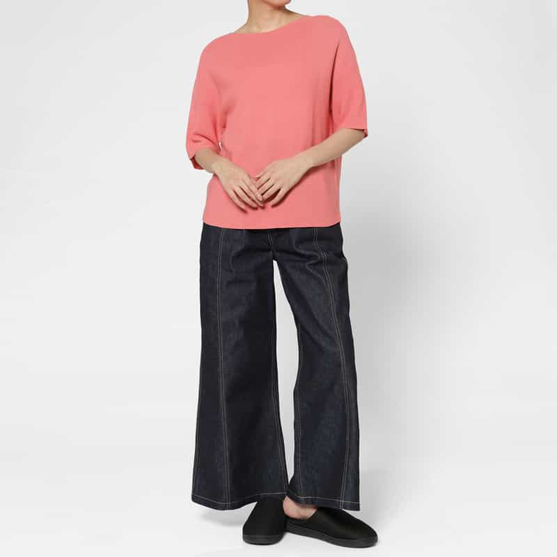 BARNEYS NEW YORK コットン素材 ハーフスリーブ ボートネックニットプルオーバー CORAL