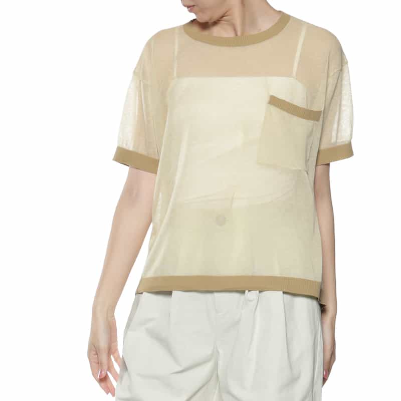 BARNEYS NEW YORK シアー素材ポケット付ニットプルオーバー BEIGE