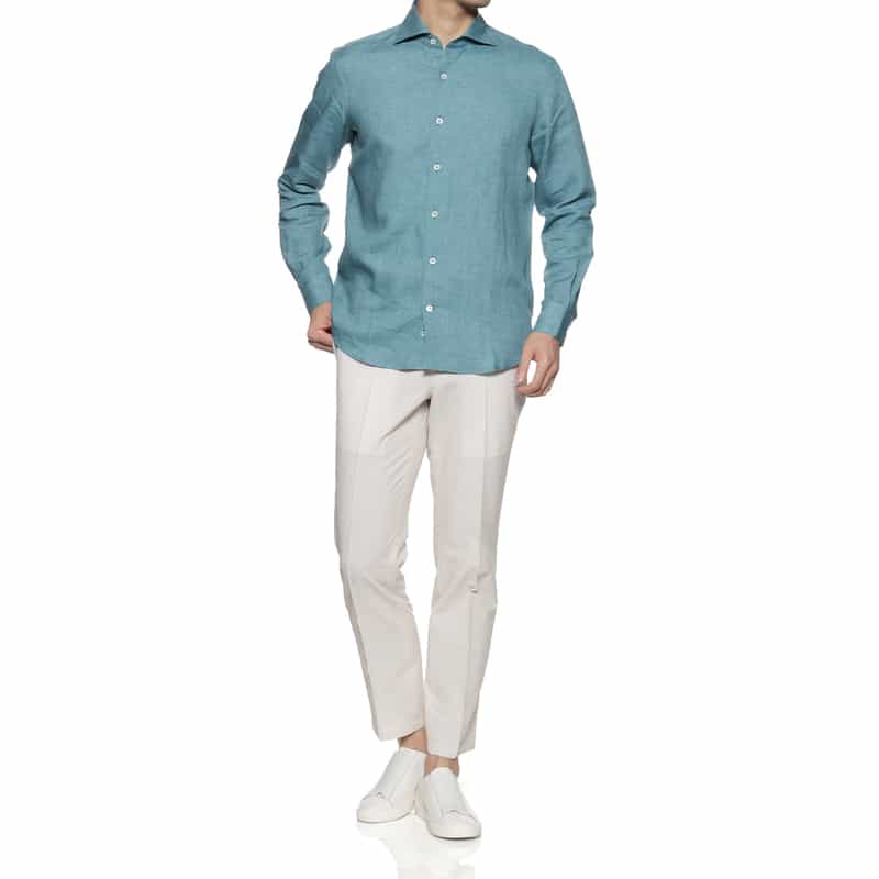 BARNEYS NEW YORK リネン素材レギュラーカラーシャツ LIGHT BLUE