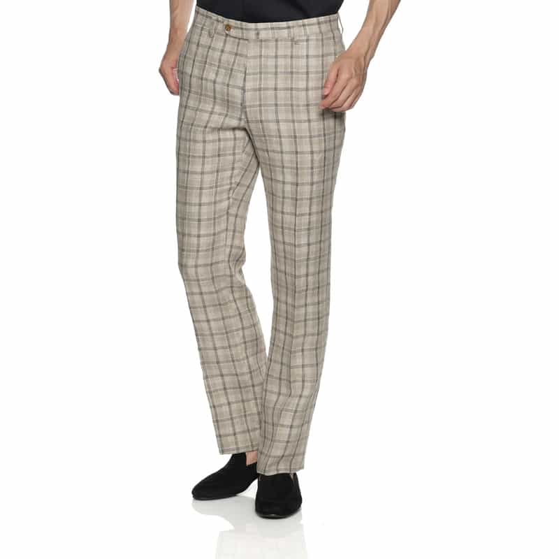 BARNEYS NEW YORK リネン素材チェック柄スラックスパンツ BEIGE