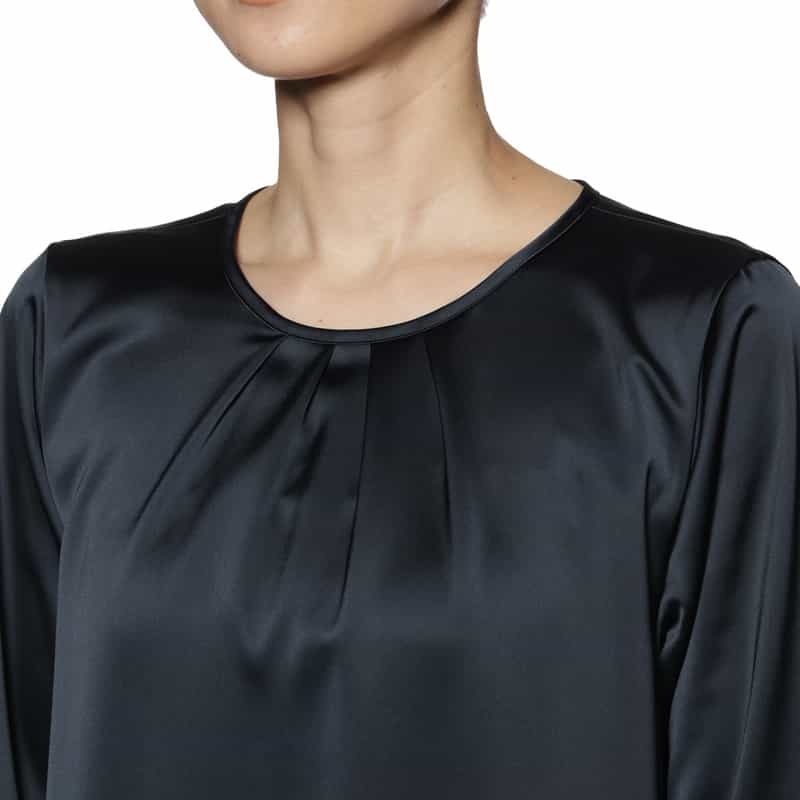 BARNEYS NEW YORK ウォッシャブル パールボタン付きフレアスリーブドレス NAVY