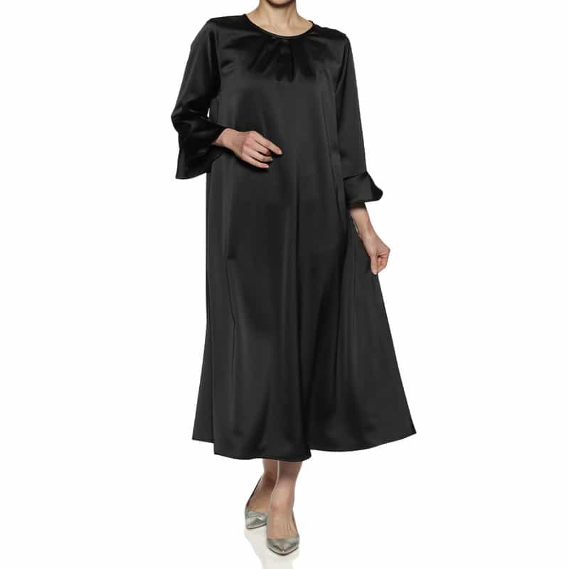 BARNEYS NEW YORK ウォッシャブル パールボタン付きフレアスリーブドレス BLACK