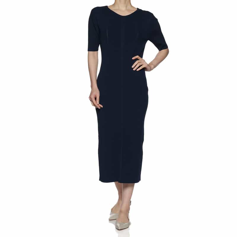 BARNEYS NEW YORK ウォッシャブル バックスリット リブニットドレス NAVY