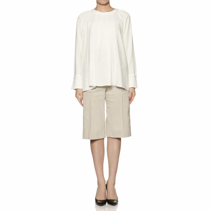 BARNEYS NEW YORK ウォッシャブル フロントタック パールスリーブ ブラウス WHITE