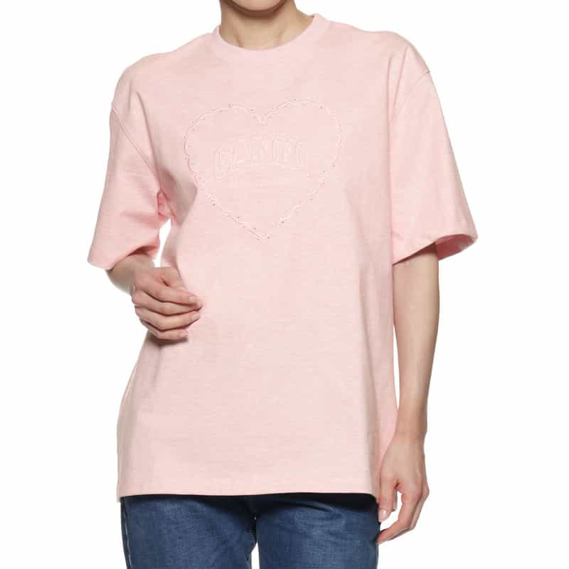 GANNI エンブロイダリー ドロップショルダーTシャツ PINK