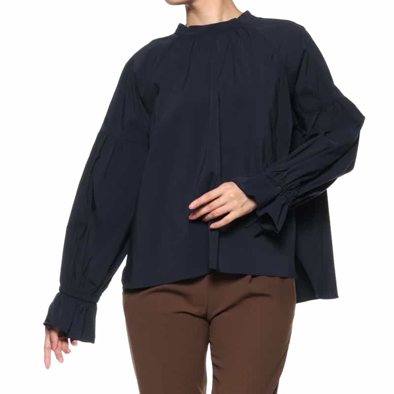 BARNEYS NEW YORK ウォッシャブル スタンドカラーバックリボンブラウス NAVY